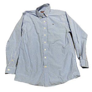 Vineyard Vines Boys L Blue Gingham Whale Shirt 100% Cotton 16-18